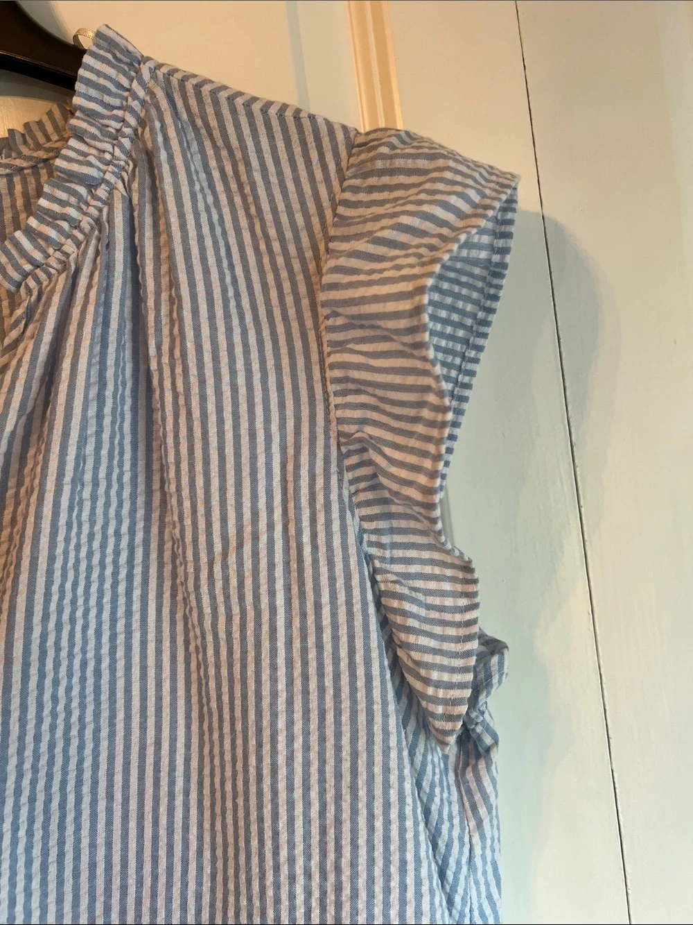 Time and Tru Light Blue and White Striped Ruffle-Trim Cap Sleeve Shift Dress - Picture 3 of 6